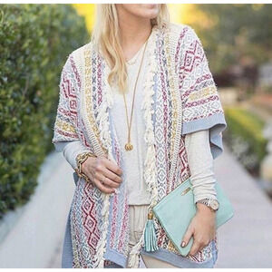 Cabi Love Carol Siesta Fringe Knit Poncho Boho Stripe Tassels Womens XS S 5001